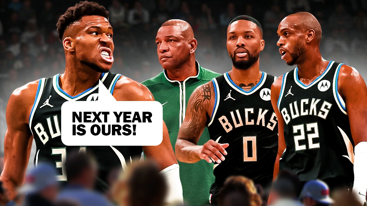 Bucks' Giannis Antetokounmpo saying "Next year is ours" next to Doc Rivers, Khris Middleton, Damian Lillard