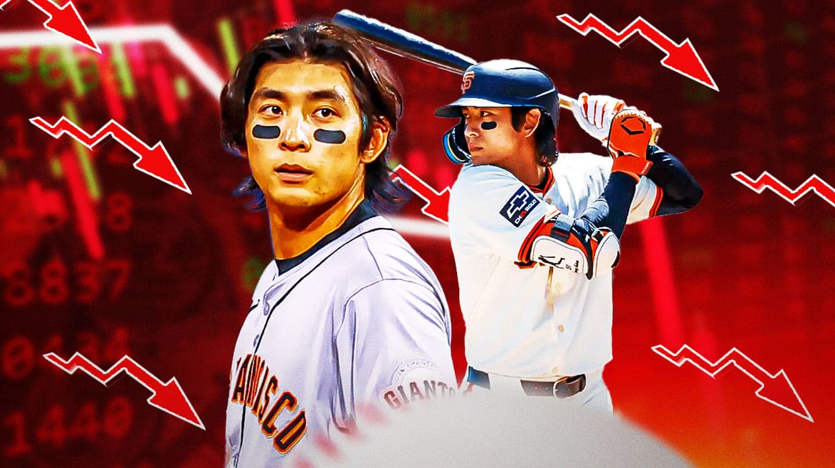 Giants' Jung Hoo Lee sad, with stock down logo all around him