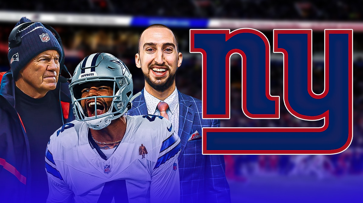 American TV personality Nick Wright with Cowboys QB Dak Prescott and former NFL coach Bill Belichick. They are next to a logo for the New York Giants.
