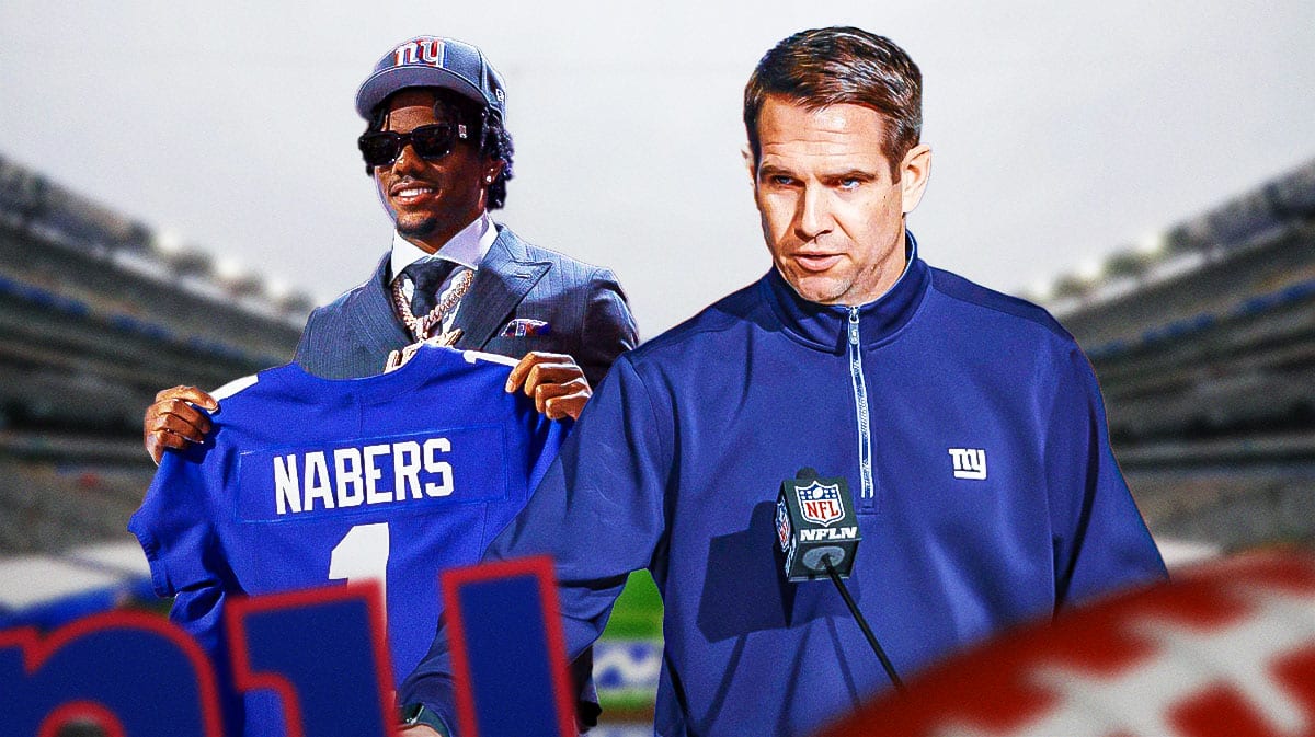 Joe Schoen. Malik Nabers in Giants gear.