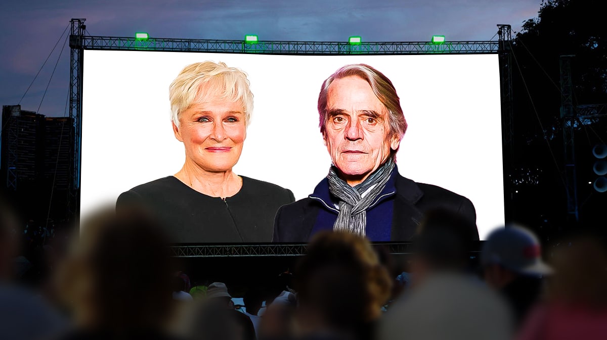 Glen Close, Jeremy Irons inside a projector screen
