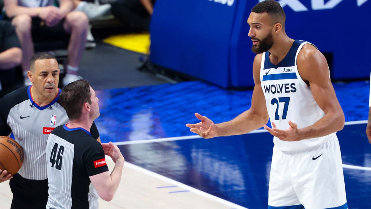 Minnesota Timberwolves center Rudy Gobert (27) reacts against the Dallas Mavericks during game three of the western conference finals for the 2024 NBA playoffs at American Airlines Center.