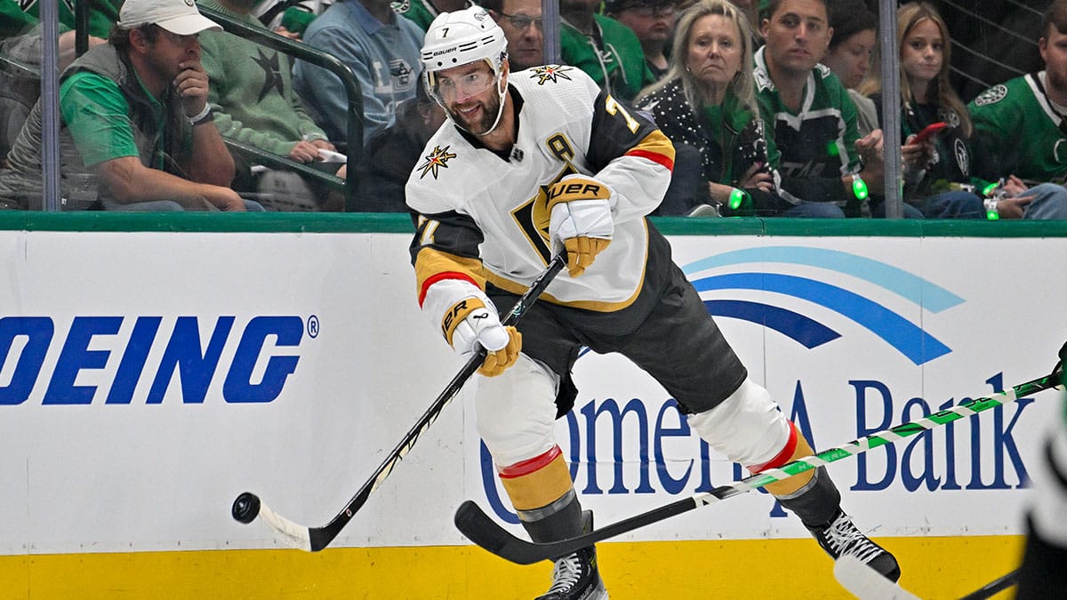 Vegas Golden Knights defenseman Alex Pietrangelo (7) skates against the Dallas Stars during the first period in game one of the first round of the 2024 Stanley Cup Playoffs at the American Airlines Center.