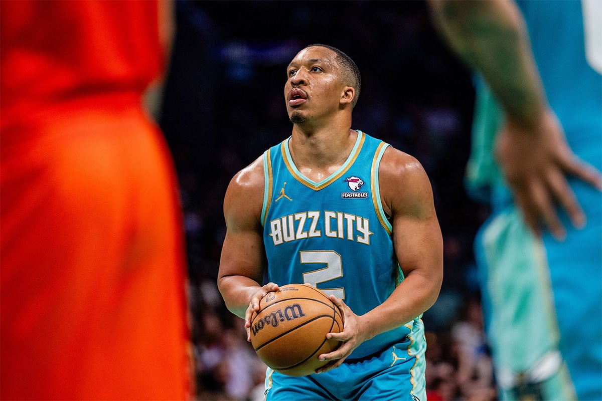 Charlotte Hornets forward Grant Williams (2) shoots free throws against the Oklahoma City Thunder at Spectrum Center.