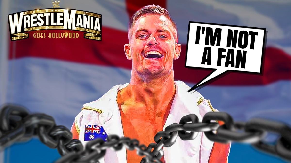 Grayson Waller with a text bubble reading "I'm not a fan" with the England flag as the background with the WrestleMania 39 logo over top of it.