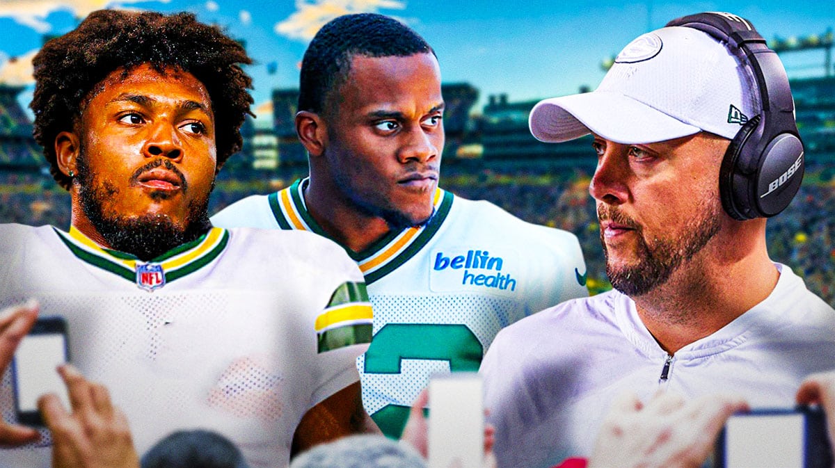 Josh Jacobs and MarShawn Lloyd in Packers gear. Adam Stenavich