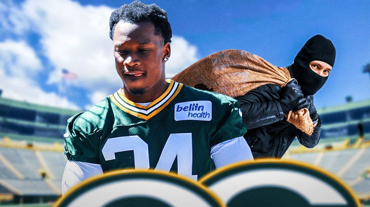 Packers 2024 NFL Draft. pick Kalen King in a Packers jersey next to a robber in a ski mask