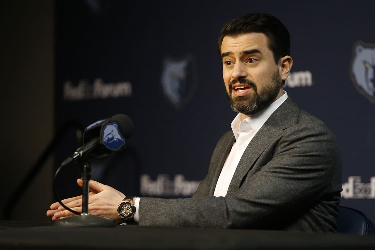 Memphis Grizzlies general manager Zach Kleiman answers questions from media members during media day at FedEx Forum.