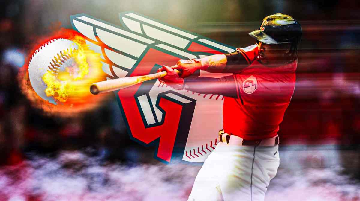 Guardians' Jose Ramirez swinging a baseball bat and hitting a baseball. Place fire coming off the ball. Cleveland Guardians' logo in background.