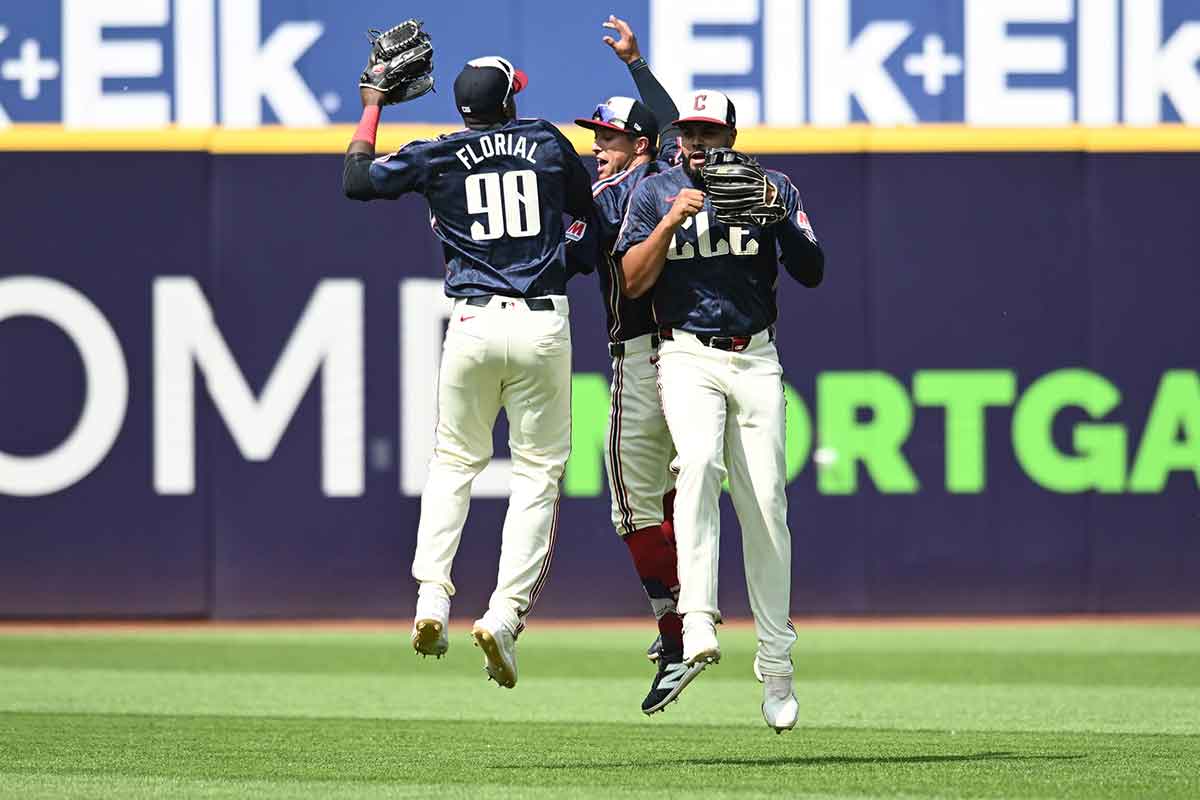 Cleveland Guardians let fielder Estevan Florial (90) and center fielder Tyler Freeman (2) and right fielder Johnathan Rodriguez (30) celebrate after the Guardians beat the New York Mets at Progressive Field.
