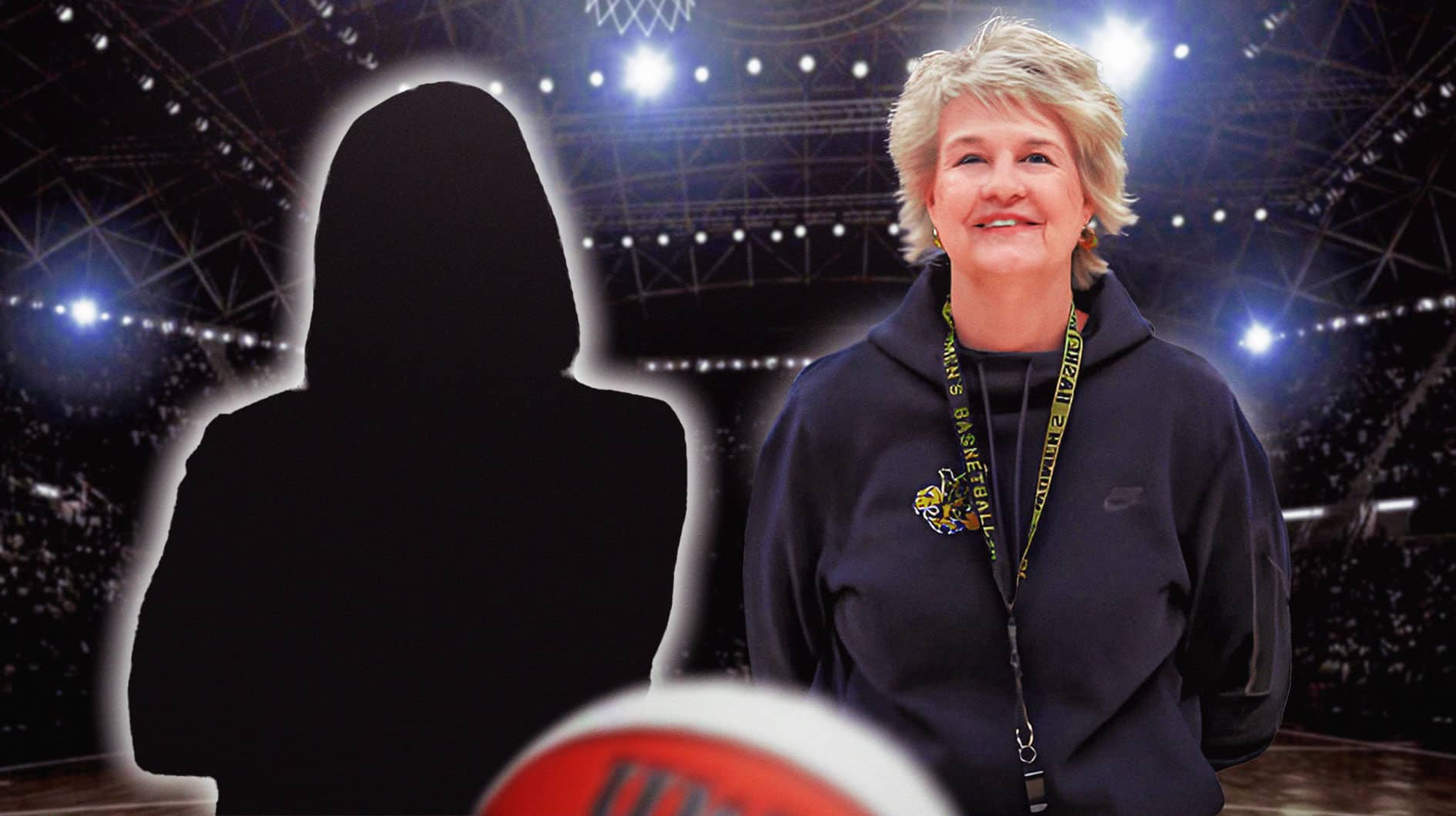 Lisa Bluder next to a silhouette