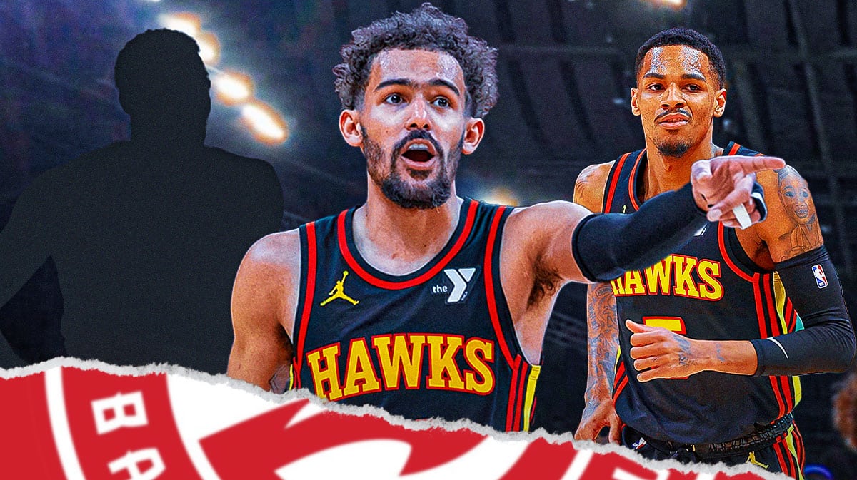 Hawks' Trae Young and Dejounte Murray stand next to Clint Capela with NBA Drat reporters in background
