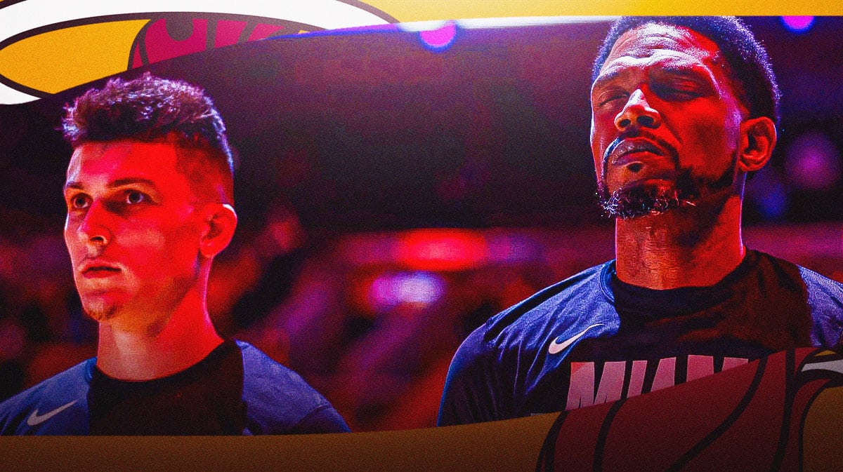 Miami Heat star Tyler Herro next to former Heat star Udonis Haslem in front of the Kaseya Center.