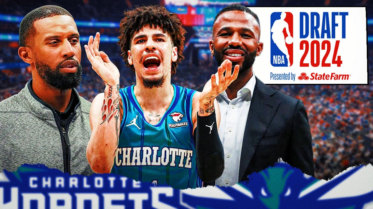 Hornets Charles Lee, LaMelo Ball and Jeff Peterson next to the 2024 NBA Draft logo