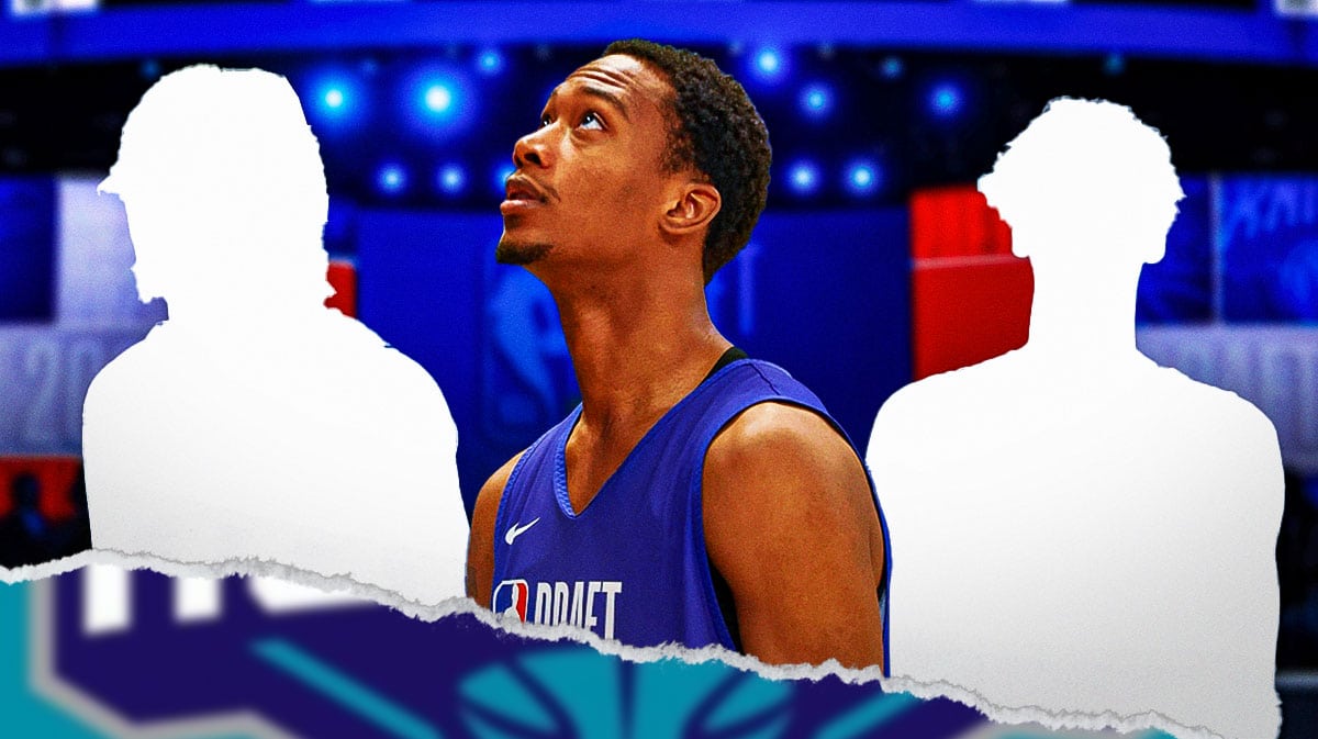 Hornets logo with Ron Holland and silhouettes of Matas Buzelis and Stephon Castle and 2024 NBA Draft background.