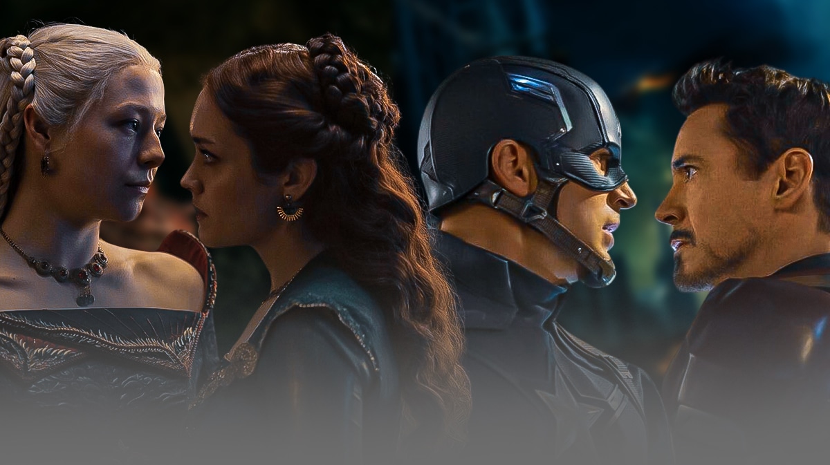House of the Dragon's Rhaenyra (Emma D'Arcy) and Alicent (Oliva Cooke) on one side; Avengers' Captain America (Chris Evans) and Iron Man (Robert Downey Jr.)