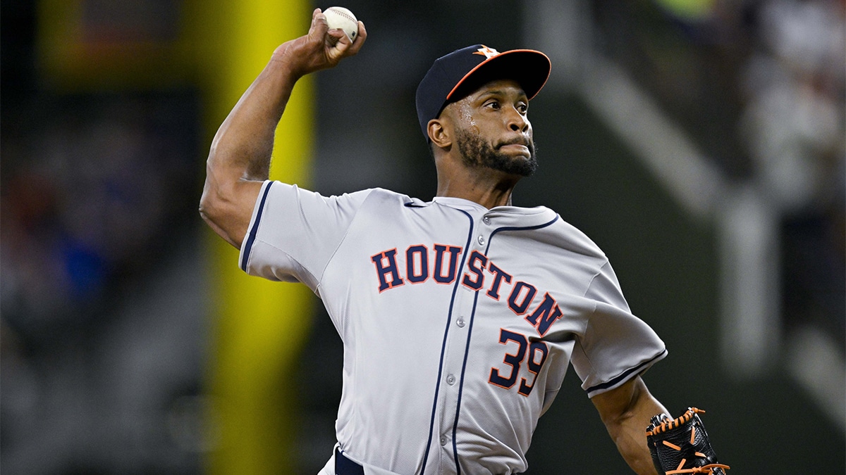 Apr 5, 2024; Arlington, Texas, USA; Houston Astros relief pitcher Miguel Diaz (39) pitches during the game between the Texas Rangers and the Houston Astros at Globe Life Field. Mandatory Credit: Jerome Miron-USA TODAY Sports