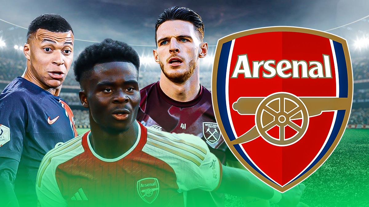 Declan Rice, Bukayo Saka, Kylian Mbappe in front of the Arsenal logo