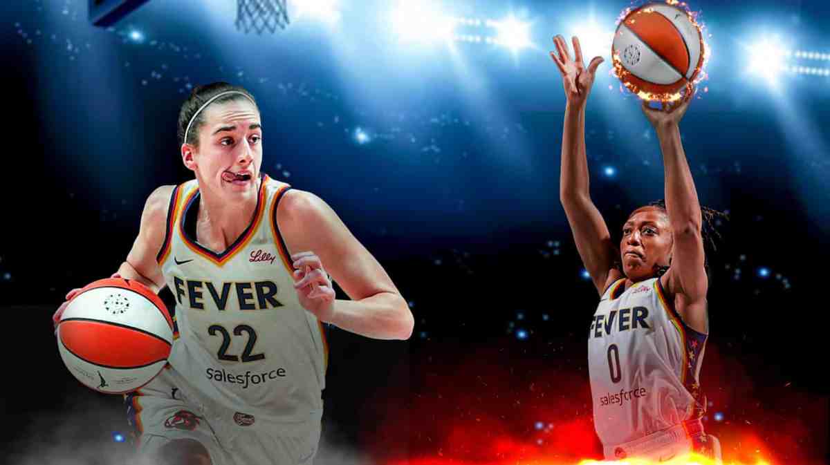 Caitlin Clark and Kelsey Mitchell in Fever jerseys, Clark passing the ball and Mitchell shooting it into the basket