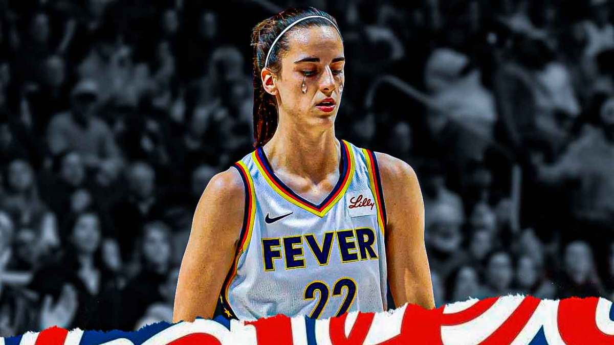 Indiana Fever player Caitlin Clark, with a frustrated/disappointed expression on her face and fake tears
