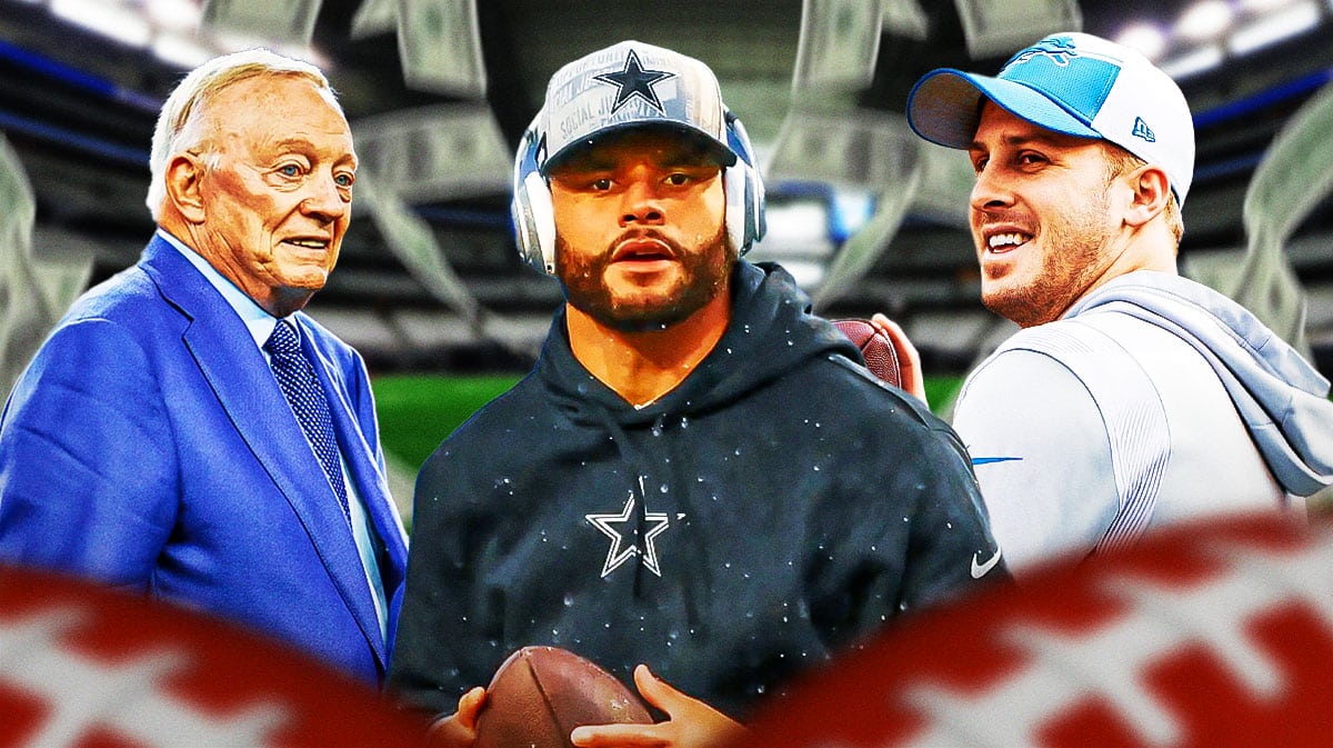 Jerry Jones, Dak Prescott and Jared Goff with money falling