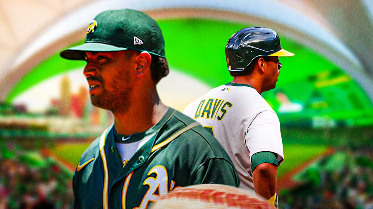 Former Oakland Athletics star Khris Davis in front of the Oakland Coliseum.