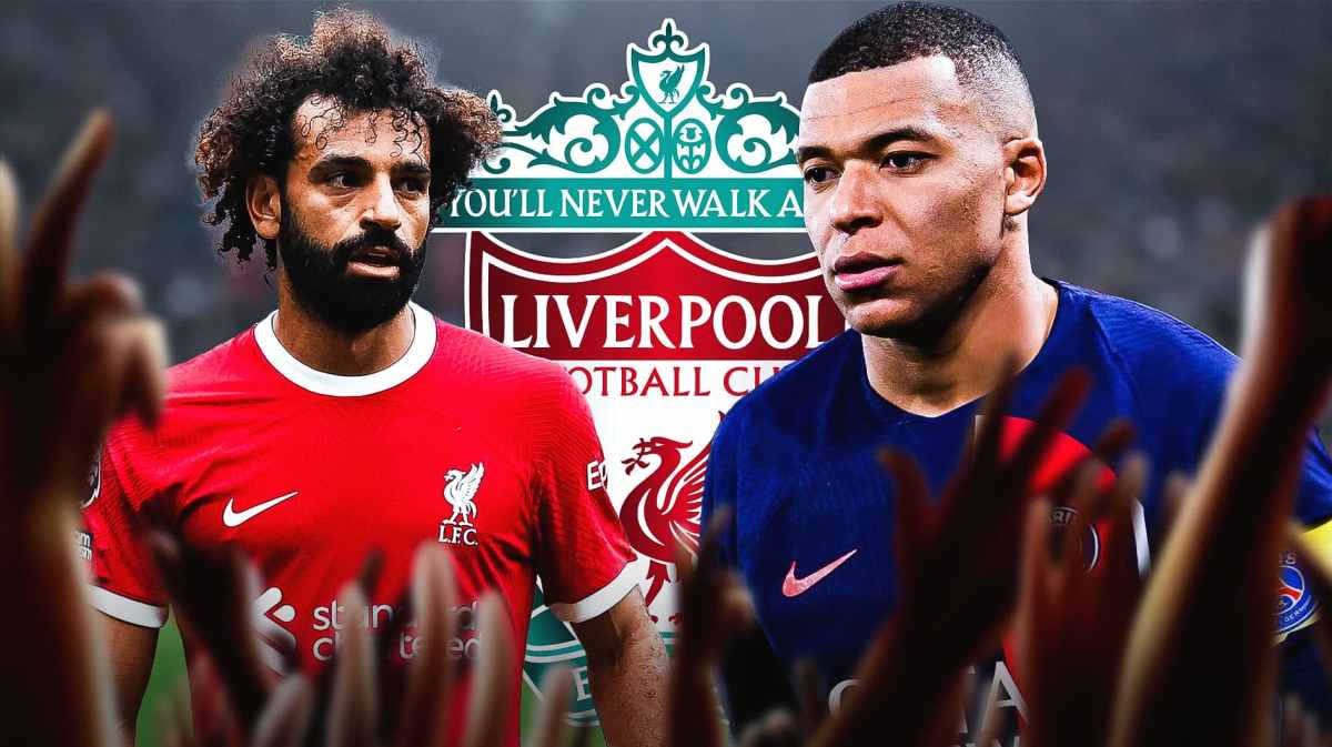 Kylian Mbappe and Mohamed Salah in front of the Liverpool logo