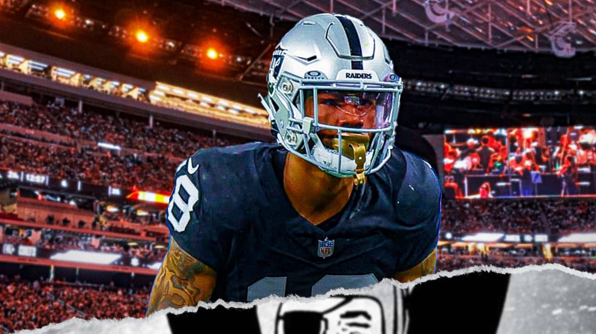 Las Vegas Raiders cornerback Jack Jones with a logo for the Las Vegas Raiders.