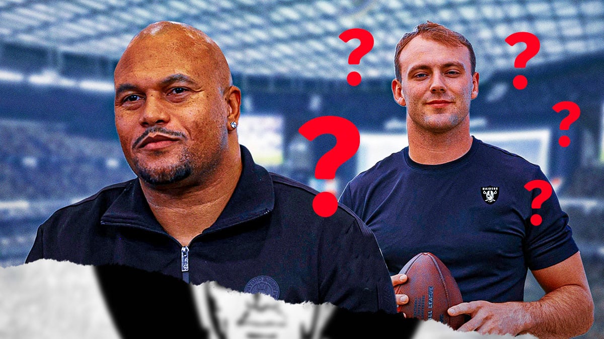 Antonio Pierce looking at Brock Bowers in a Raiders jersey with question marks all around