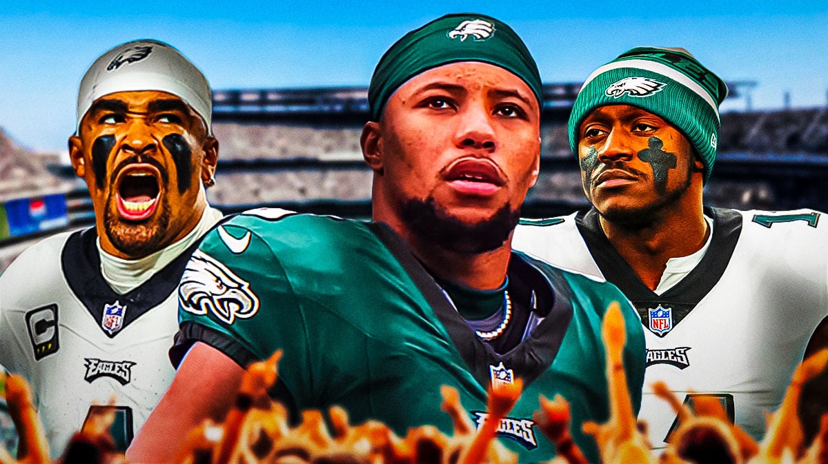 Philadelphia Eagles stars Saquon Barkley, Jalen Hurts, and A.J. Brown in front of Lincoln Financial Field.