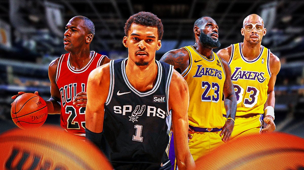 Spurs Victor Wembanyama with images of Michael Jordan, LeBron James and Kareem Abdul Jabbar