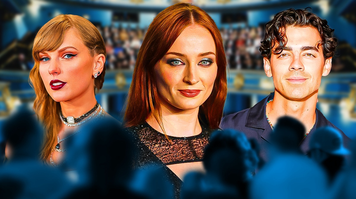 ophie Turner in the middle, Taylor Swift on the left and Joe Jonas on the right with a crowd in front of them