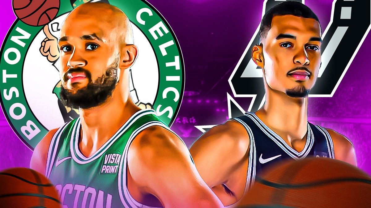 Celtics Derrick White next to Spurs Victor Wembanyama