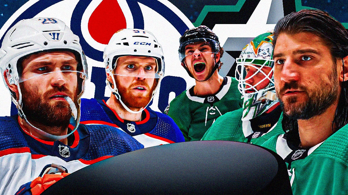 Leon Draisaitl, Connor McDavid, Evan Bouchard, Oilers logo on one side. On other side is Jake Oettinger, Chris Tanev, Wyatt Johnston, Stars logo. NHL Western Conference Finals logo in front.