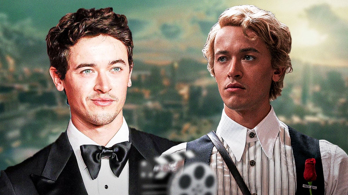 Tom Blyth as Coriolanus Snow from The Hunger Games: The Ballad of Songbirds and Snakes with Panem background.
