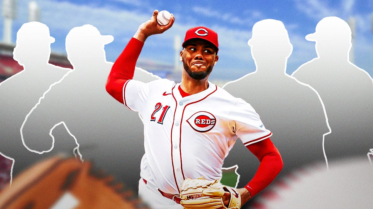 Hunter Greene pitching in the center surrounded by 4 silhouettes of MLB starting pitchers Garrett Crochet, Aaron Civale, Brandon Pfaadtm, and Nestor Cortes