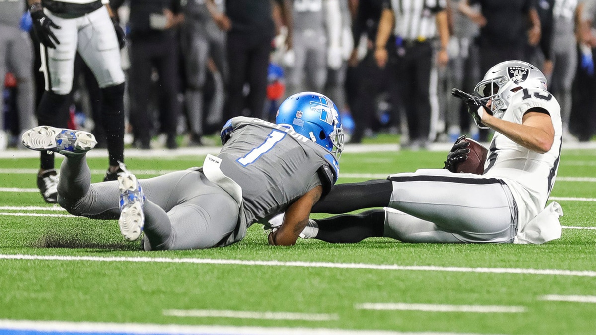 Detroit Lions cornerback Cam Sutton tackles Las Vegas Raiders wide receiver Hunter Renfrow during the second half at Ford Field