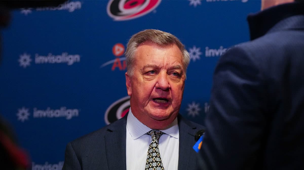 Carolina Hurricanes general manger Don Waddell talks to the press between the 1st and 2nd period against the Anaheim Ducks at PNC Arena.