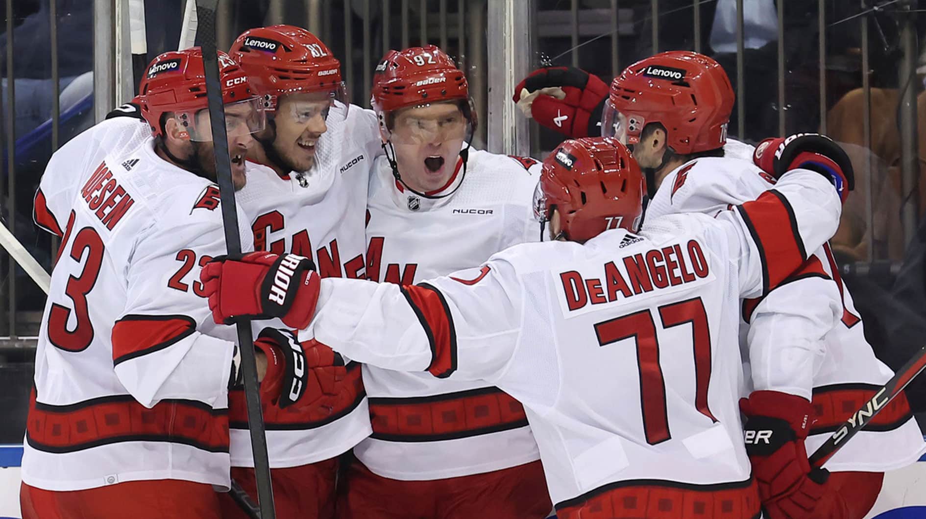 Carolina Hurricanes center Evgeny Kuznetsov (92) celebrates his goal against the New York Rangers with teammates during the third period of game five of the second round of the 2024 Stanley Cup Playoffs at Madison Square Garden.