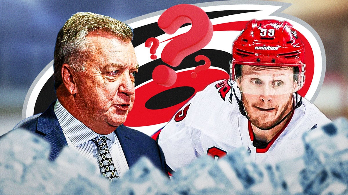 Don Waddell and Jake Guentzel both in image looking hopeful, Carolina Hurricanes logo, 3-5 question marks, hockey rink in background
