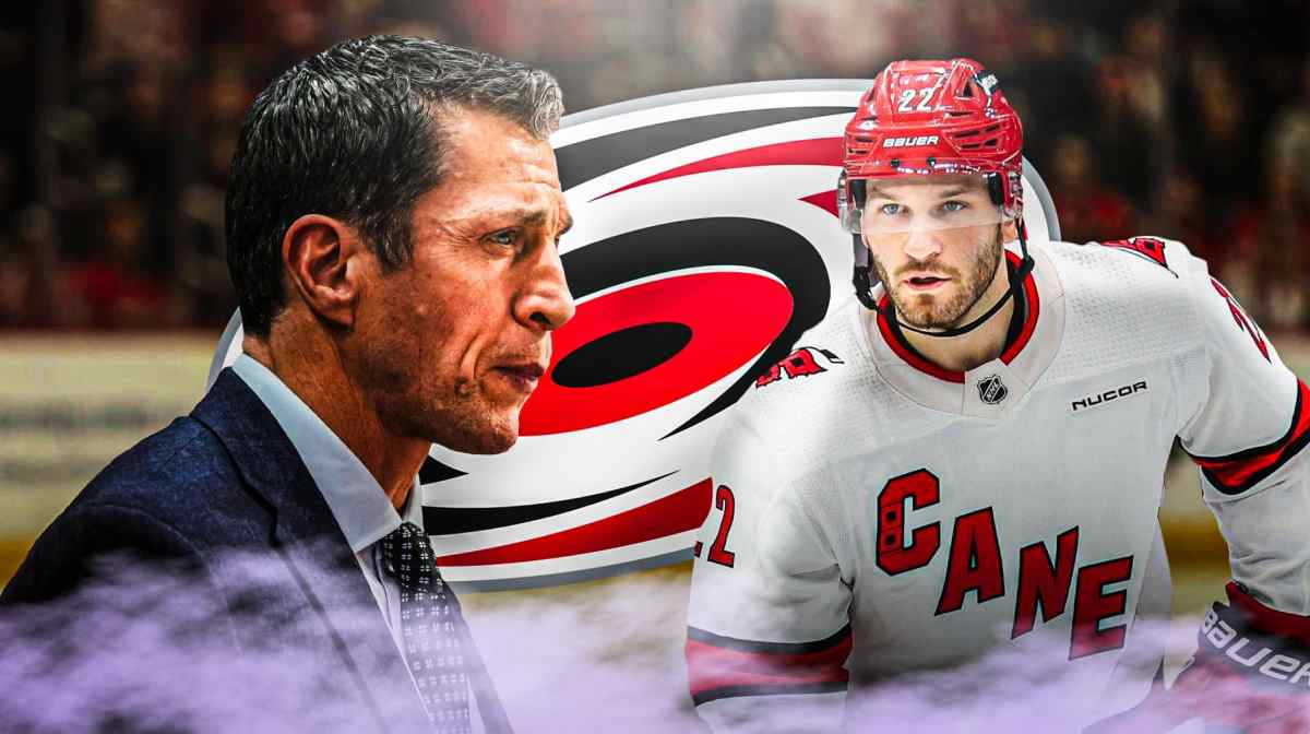 Brett Pesce in image looking hopeful, Rod Brind'Amour in image looking stern, Carolina Hurricanes logo, hockey rink in background