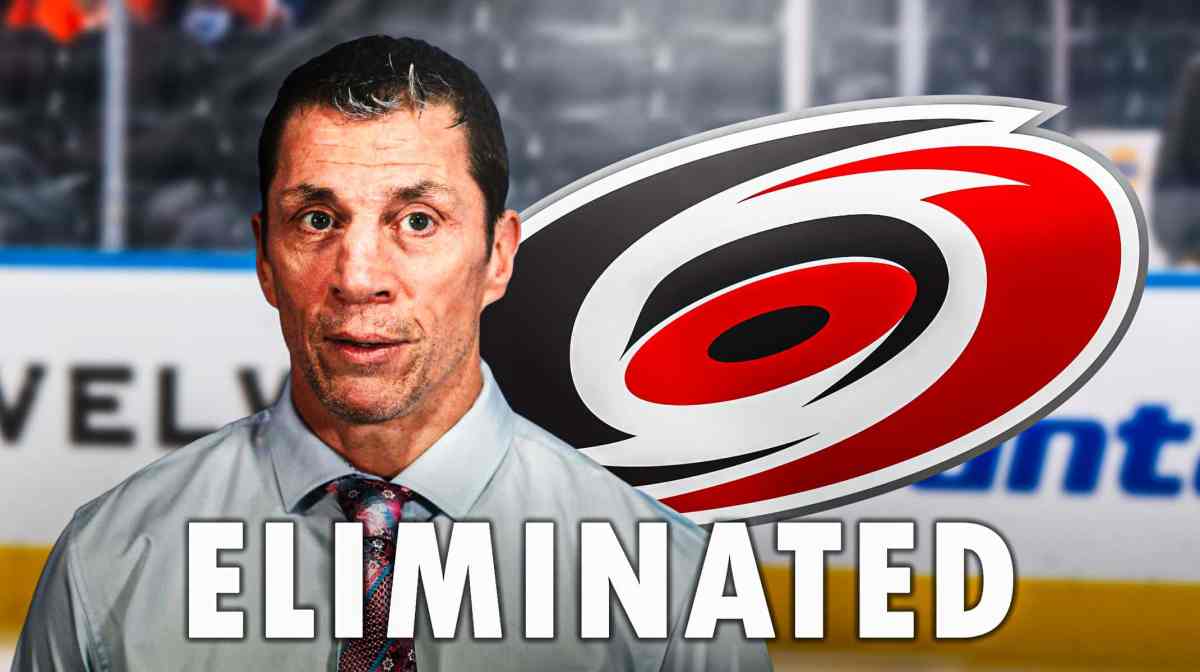 Carolina Hurricanes head coach Rod Brind'Amour with bolded caption saying "Eliminated"
