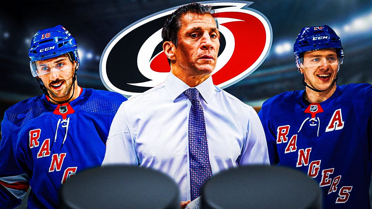 Rod Brind'Amour in middle of image looking stern, Vincent Trocheck and Artemi Panarin on either side looking happy, Carolina Hurricanes logo, hockey rink in background