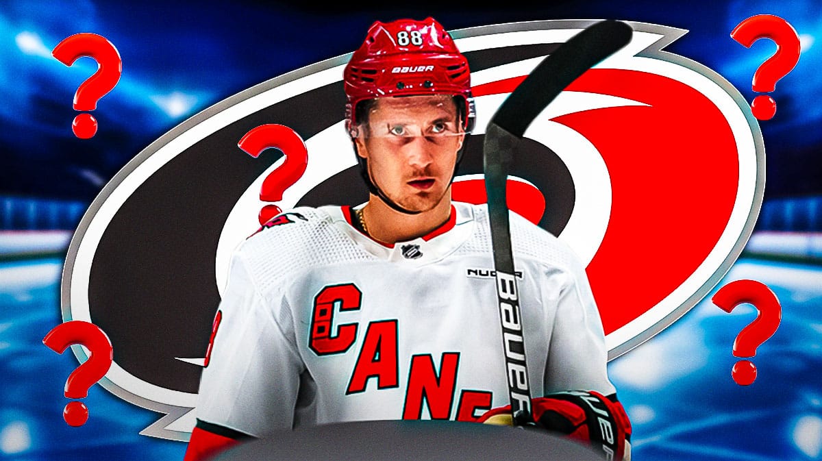 Martin Necas in image looking stern, 3-5 question marks, Carolina Hurricanes logo, hockey rink in background