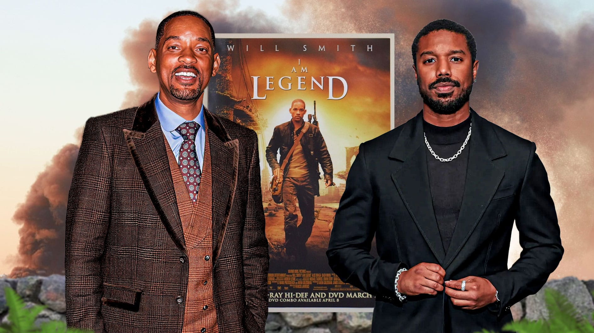 Will Smith and Michael B Jordan with an I Am Legend poster.