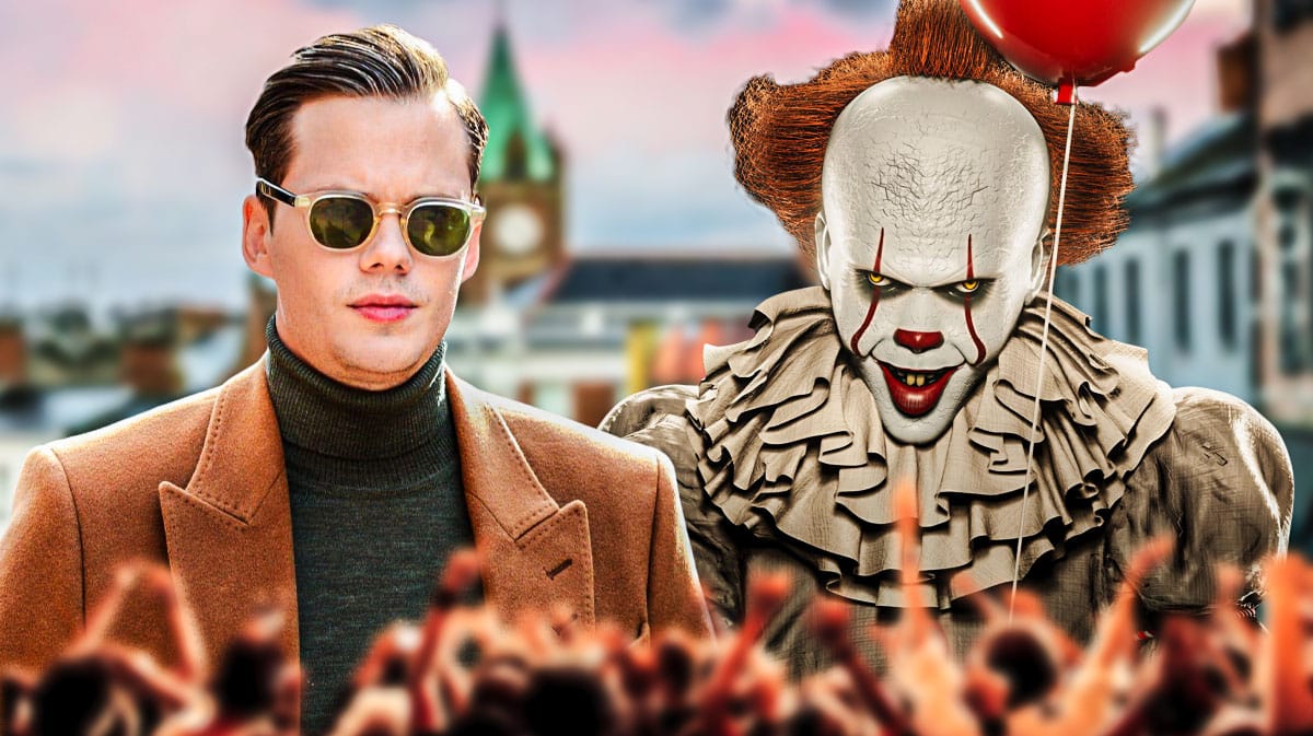 Bill Skarsgård with Pennywise from IT and Welcome to Derry with Maine background.