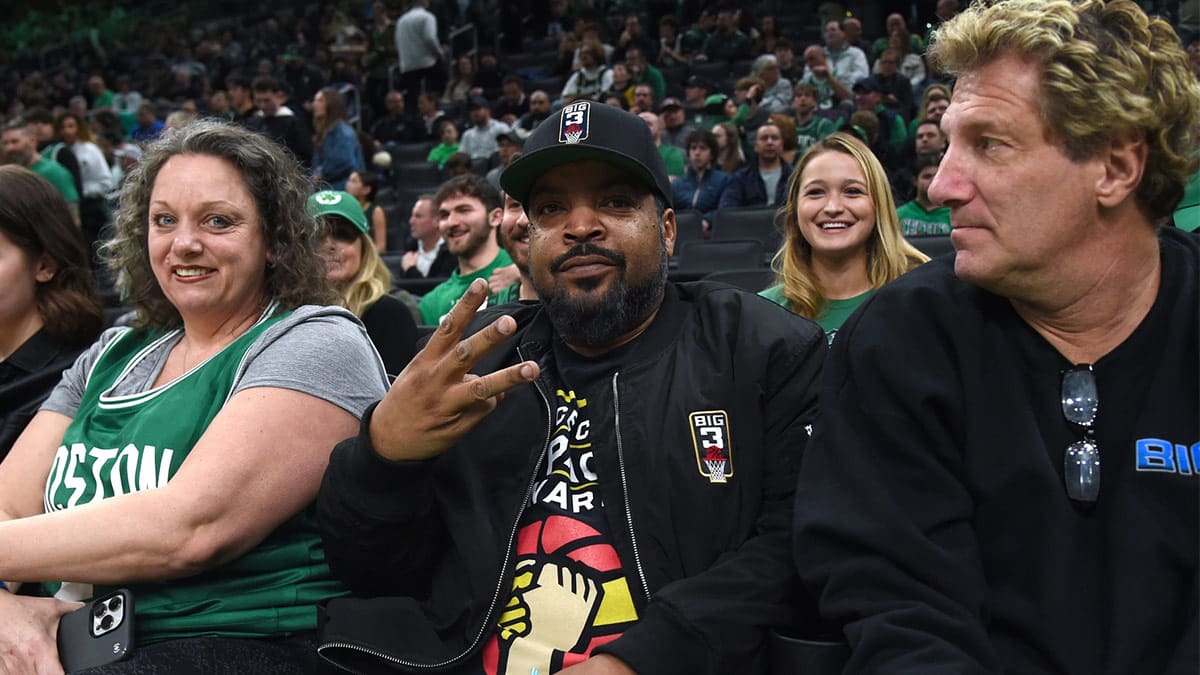 American rapper songwriter and actor Ice Cube poses for a photo during the first half in a game between the Boston Celtics and Houston Rockets at TD Garden.