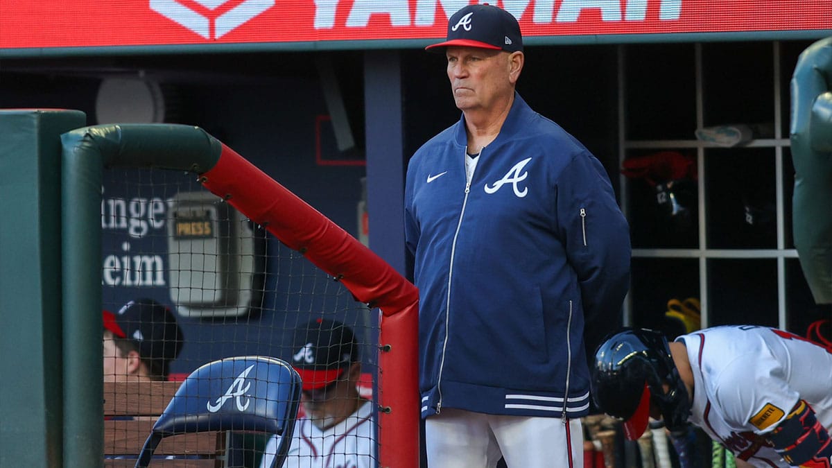  Atlanta Braves manager Brian Snitker (43) in the dugout against the Miami Marlins in the first inning at Truist Park. 