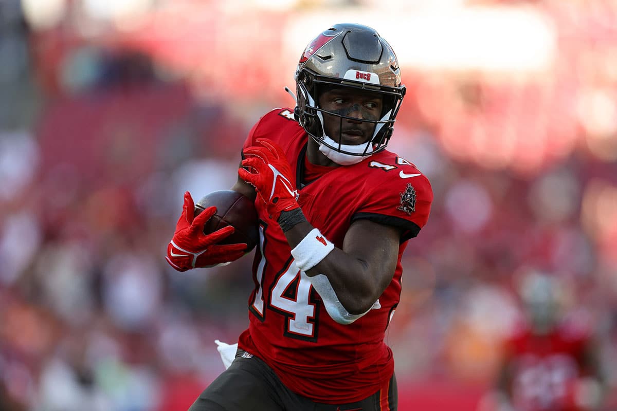 Tampa Bay Buccaneers wide receiver Chris Godwin (14) catches a pass for a touchdown against the New Orleans Saints in the fourth quarter at Raymond James Stadium. 
