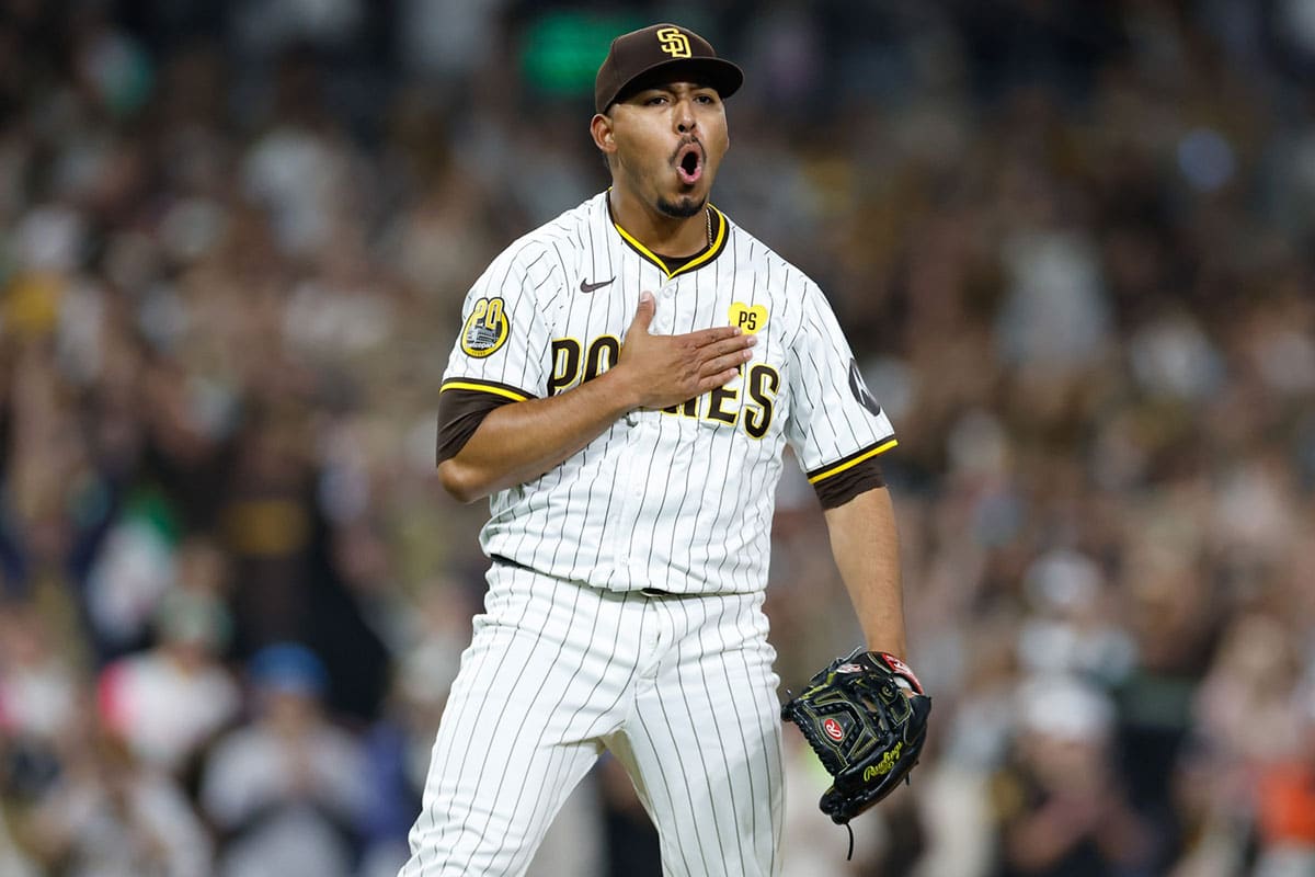 San Diego Padres relief pitcher Jeremiah Estrada (56) celebrates after striking out the side in the ninth inning against the Miami Marlins at Petco Park